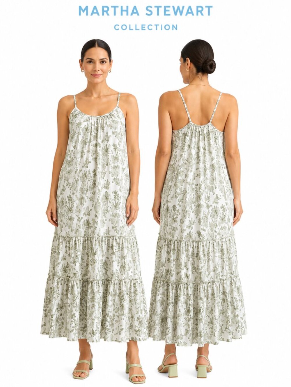 Martha Stewart Collection Linen Blend Botanical Print Tiered Maxi Dress XL Green